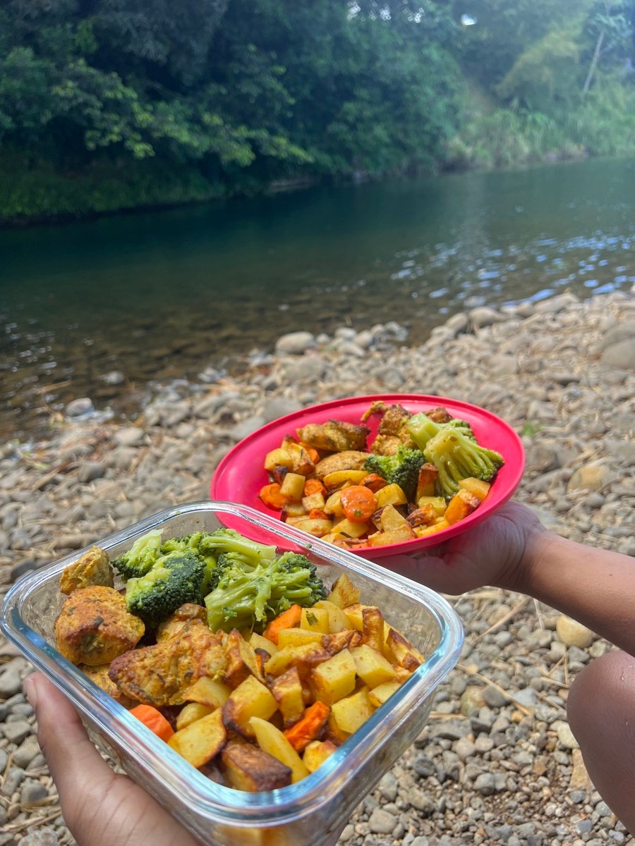 Deux boîtes repas préparées, tenues au bord d'une rivière