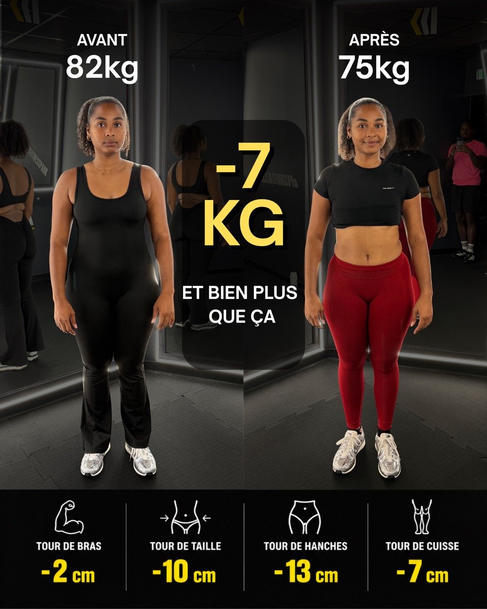 Avant et après d'une cliente accompagnée, de 82 kg à 75 kg