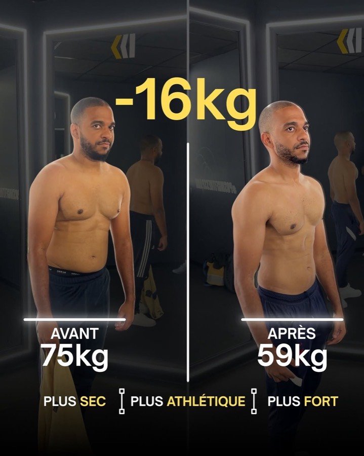 Avant et après d'un client accompagné, de 75 kg à 59 kg